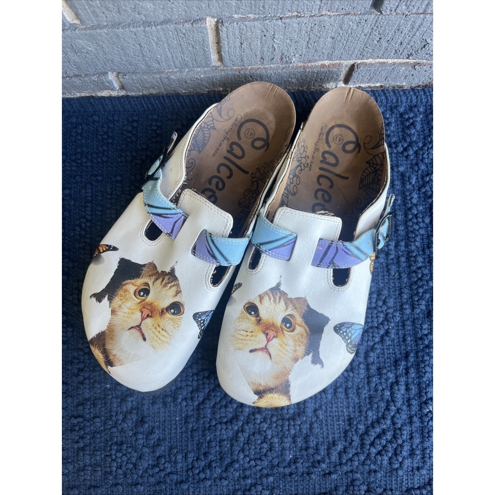 Calceo Clogs Cat Print White Fun Butterflies Women's  41 (us 10/10.5)